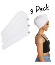 Set of 3 - 100% Cotton Turbie Twist Hair Towels, laid flat & on model.  Color: White